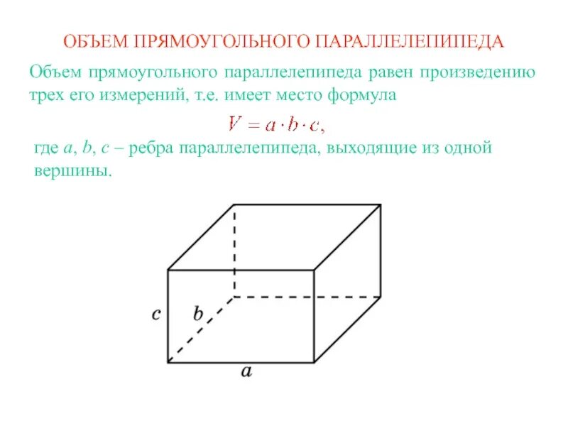 Формула объёма прямоугольного параллелепипеда 11 класс. Формула нахождения объема прямоугольного параллелепипеда. Объем прямоугольного параллелепипеда равен формула. Площадь и объем прямоугольного параллелепипеда.