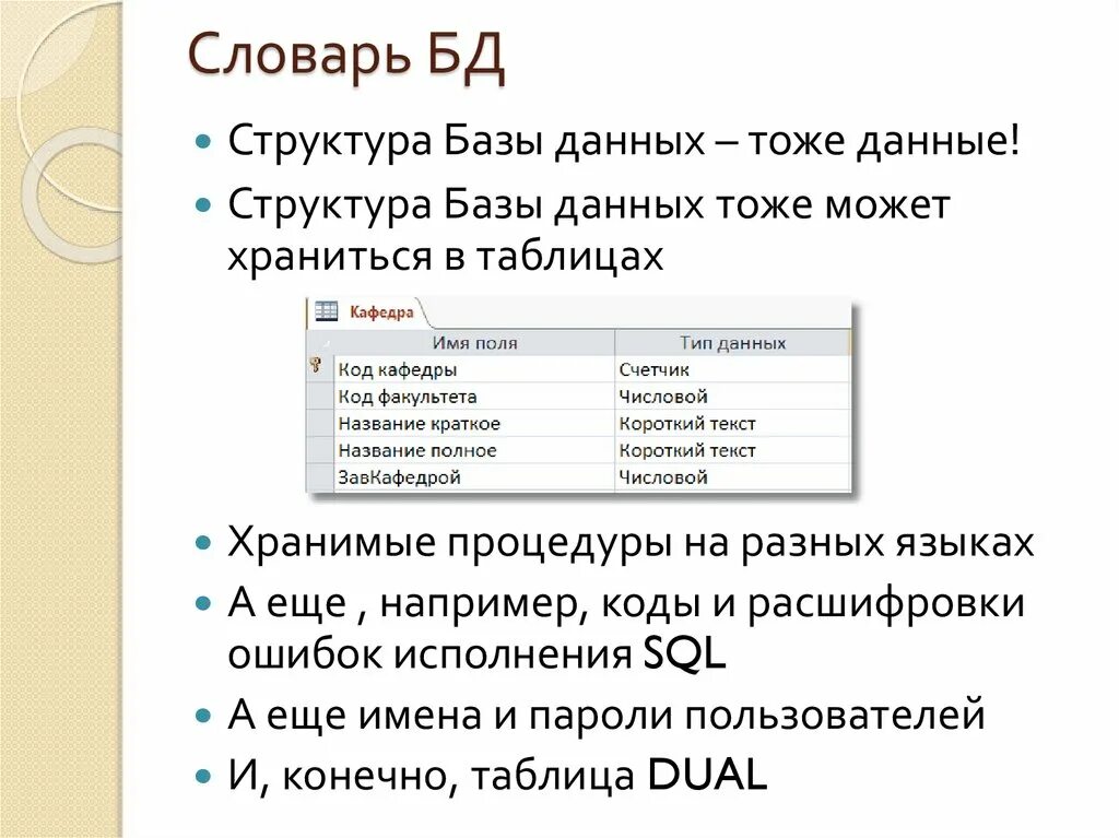 Информация в бд хранится. Словарь баз данных. Словарь данных БД. Языки БД. Словарь базы данных пример.