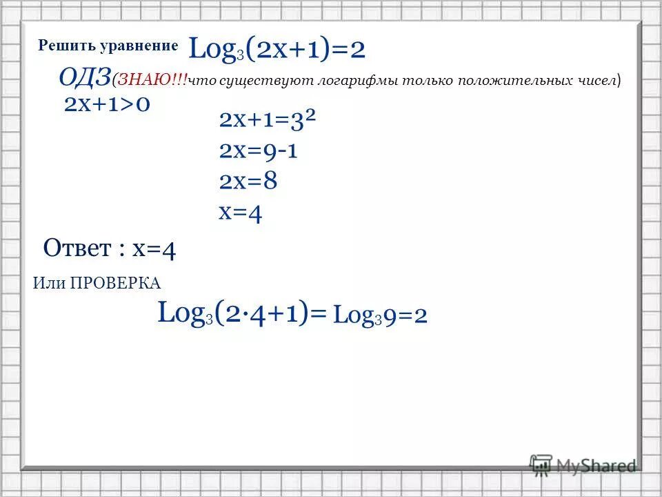4 решить уравнение log 2x 1 2. Решение уравнения log3(2x-1) =2. Решение Лог уравнений. Решить уравнение с логарифмами.
