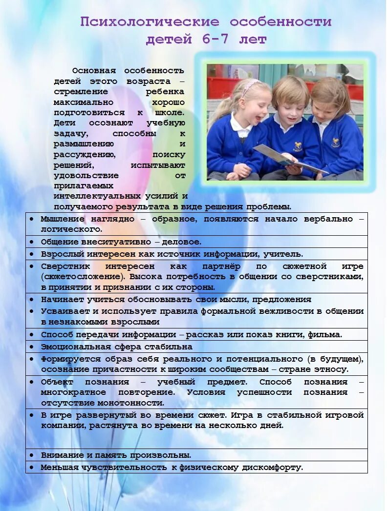 Характеристика на ребенка подготовительной группы. Возрастные особенности детей 6-7 лет консультация ФГОС. Психологические особенности детей 6-7 лет. Психологическая характеристика ребенка 6-7 лет. Возрастные характеристики детей 6-7 лет.