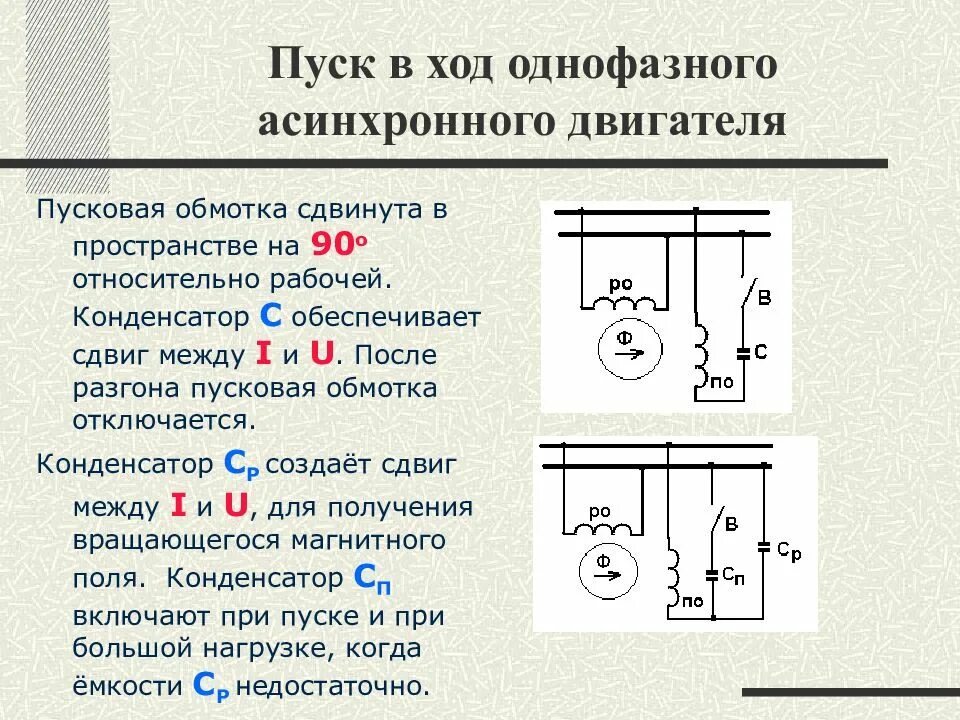 Чем отличается пусковой от рабочего. Электродвигатель с пусковой обмоткой схема запуска. схема включения обмоток однофазного асинхронного двигателя. обмотки асинхронного двигателя на 220. схема подключения однофазного конденсаторного двигателя.