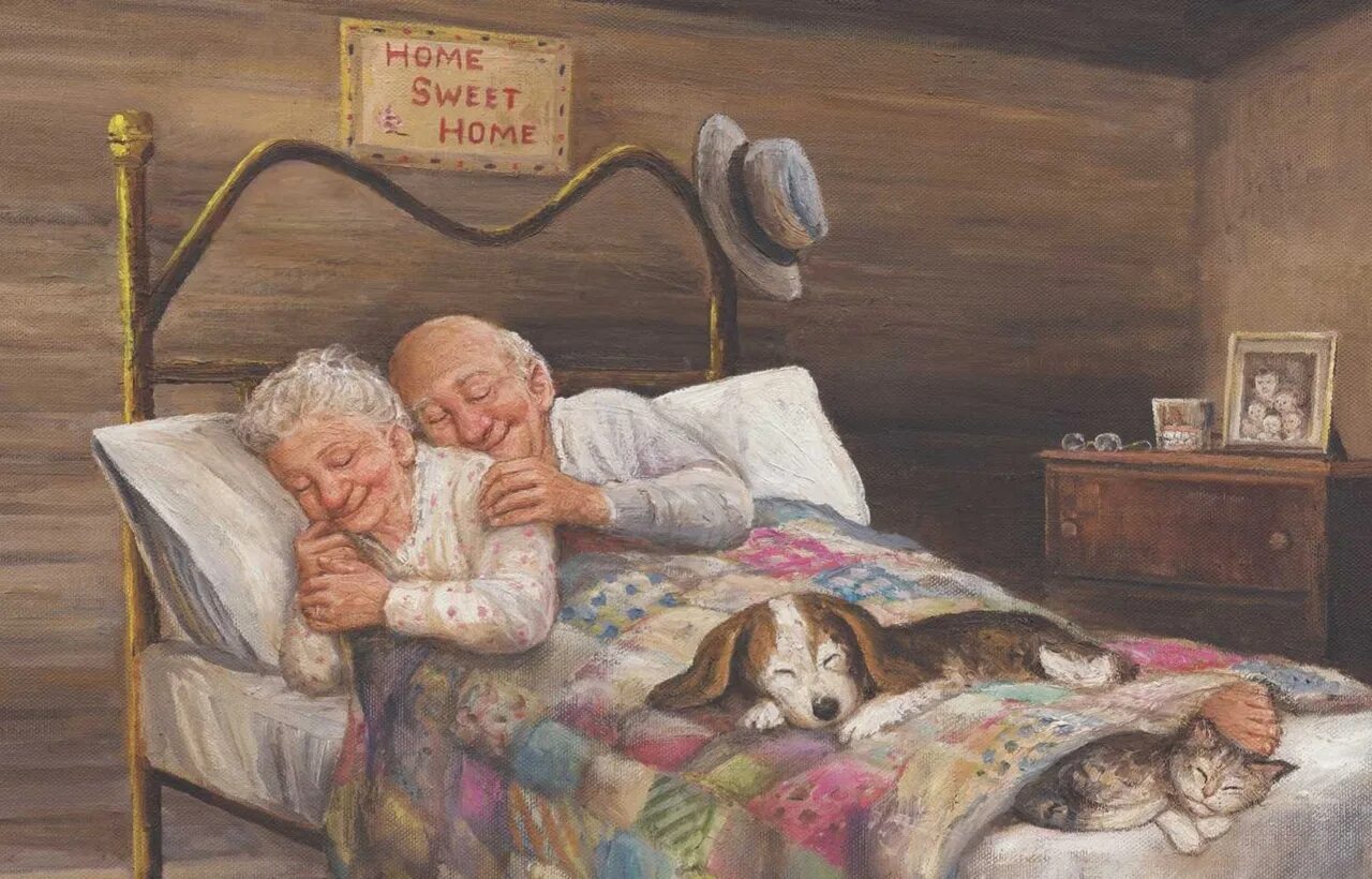 Счастливая старость живопись. Бабка с дедом в кроватке. Дедушка картина. Бабушка с дедушкой в постели.