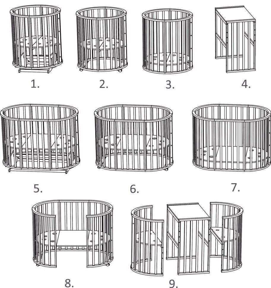 Варианты трансформации. Детская овальная кроватка-трансформер СКВ-10. Овальная кроватка 6 в 1. Кроватка трансформер 9 в 1 с маятником. Круглая детская кроватка трансформер 7в1 инструкция.