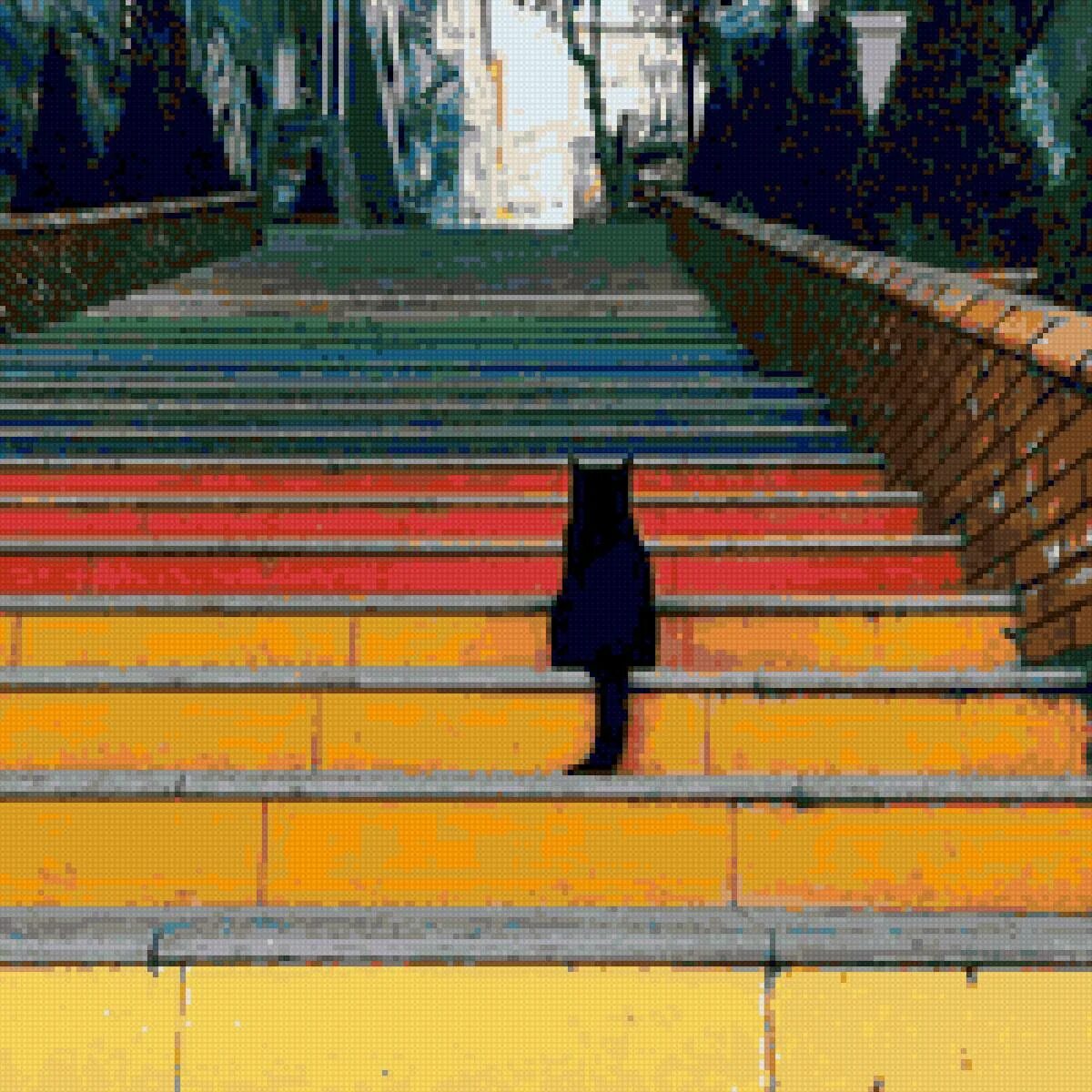 Кот поднимается по лестнице. Лестница для кота. коты на ступеньках. ступеньки для кошек. черный кот на лестнице.