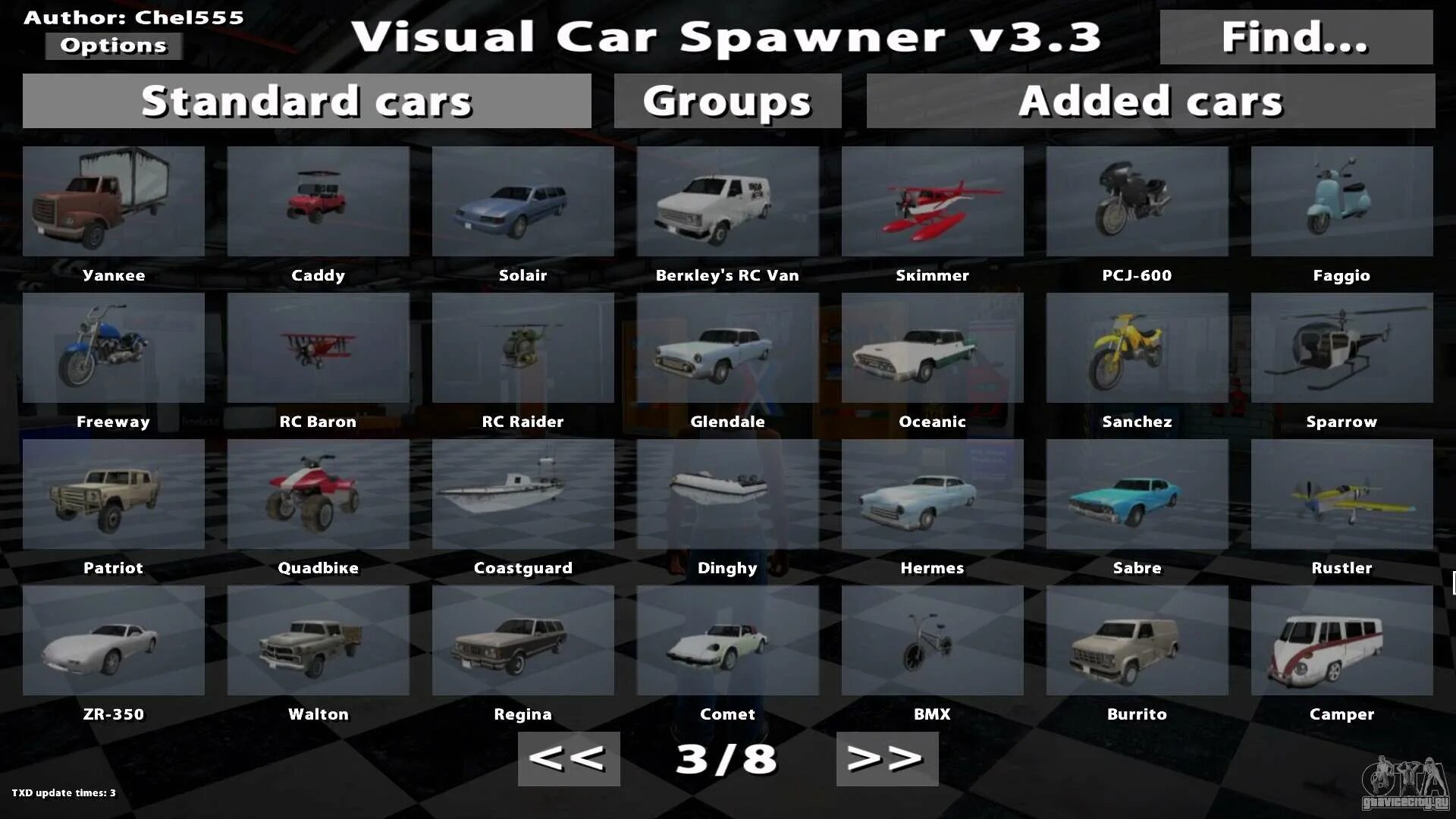Гта сан моды спавн машин. GTA San Andreas Visual car Spawner v3.3. GTA San Andreas car names. Vehicles Spawner для GTA San Andreas. Визуал игра.