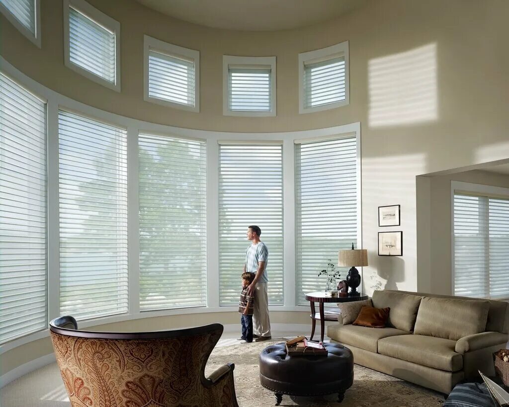 Окна полукругом. Hunter Douglas жалюзи. Хантер Даглас тканевые жалюзи. Hunter Douglas Хантер Даглас. Эркер с панорамными окнами.