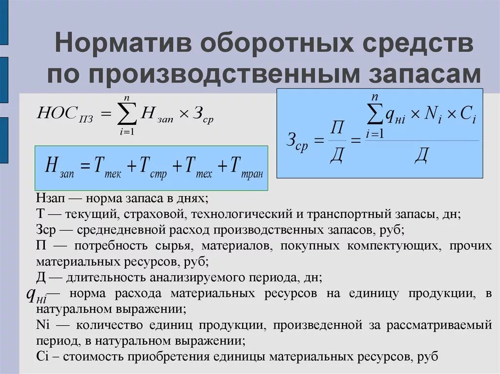 Расчет средств производства. Норматив оборотных средств в производственных запасах формула. Норматив запаса сырья формула. Формулу расчета норма оборотных средств. Норму текущего запаса оборотных средств формула.