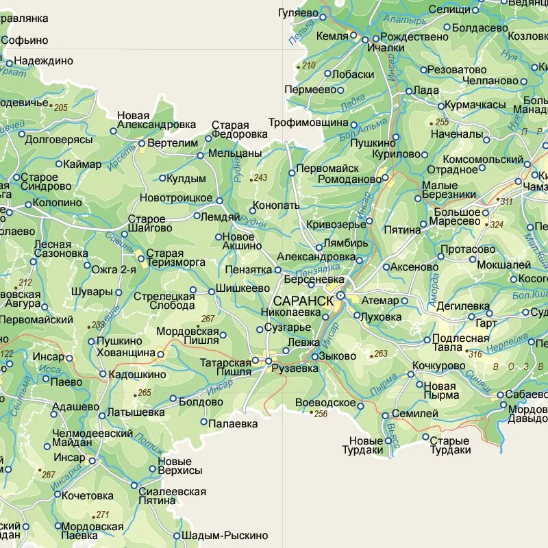 Подробная карта Республики Мордовия. Карта Республики Мордовия с селами. Карта населенных пунктов Мордовии. Карта РМ Мордовия.