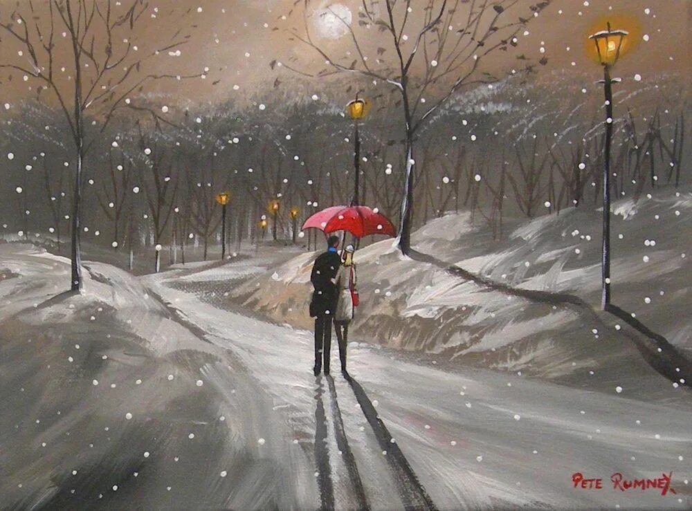 Все приходит и уходит снег сменяется. Pete Rumney художник. Pete Rumney художник Rain. Pete Rumney Snow картины. Красный зонт и зима, снег.