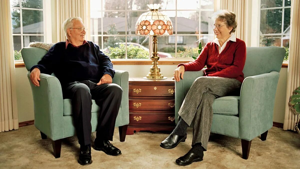 Old Lady's Room. Old man chatting in Living Room.