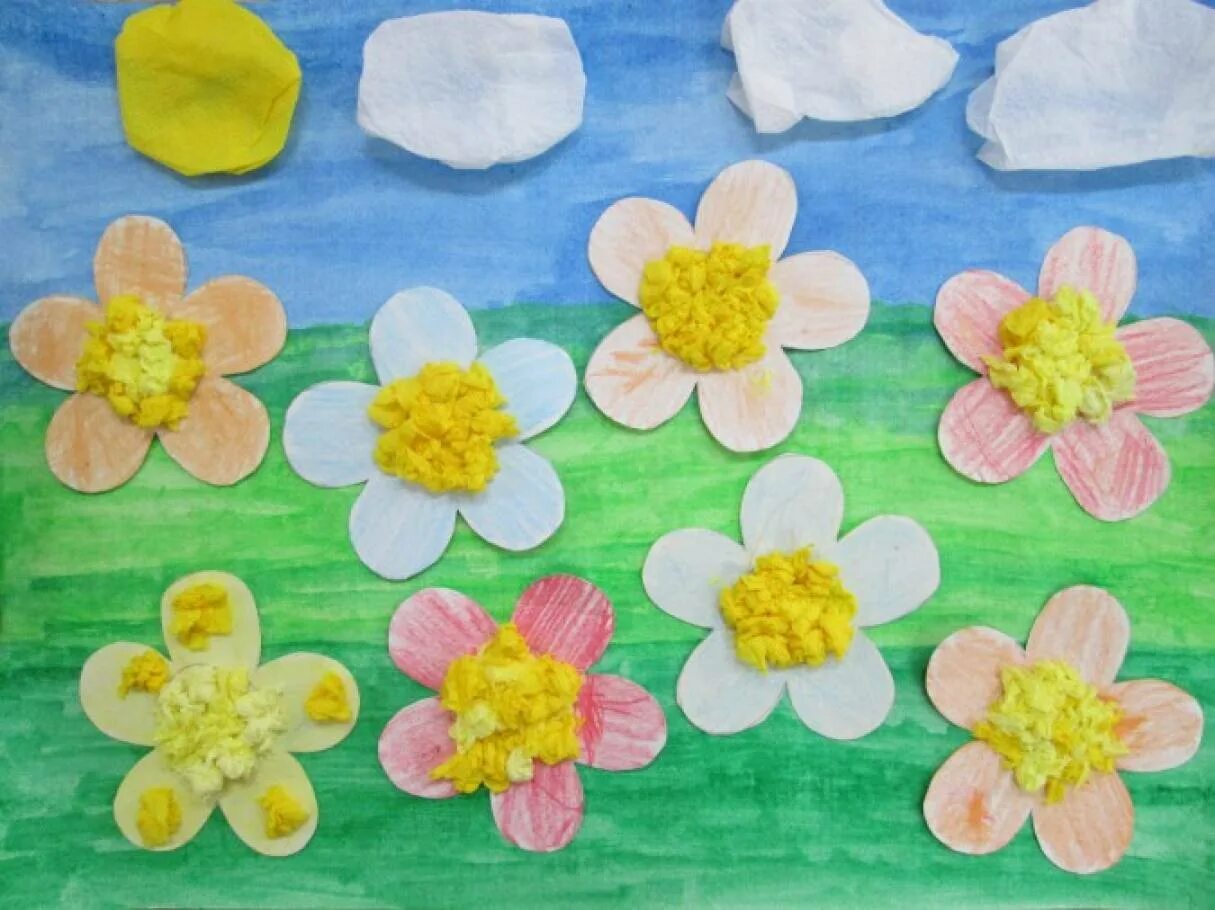Аппликация Цветочная Поляна. Рисование с элементами аппликации панно красивые цветы. Панно красивые цветы рисование в старшей группе. Аппликация весенние цветы.