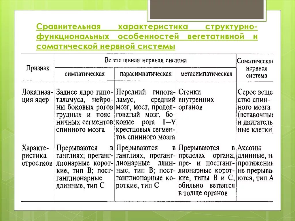 Соматический и вегетативный различия. Структурно-функциональные особенности соматической. Структурно-функциональные особенности вегетативной нервной системы. Сравнительная характеристика вегетативной и соматической нервной. Структурно-функциональные особенности соматической нервной системы.