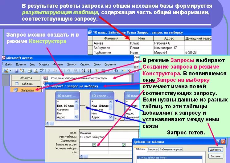 Назначение программы MS access. Создание запросов в БД. Формирование базы данных. Запросы в БД создаются с помощью.