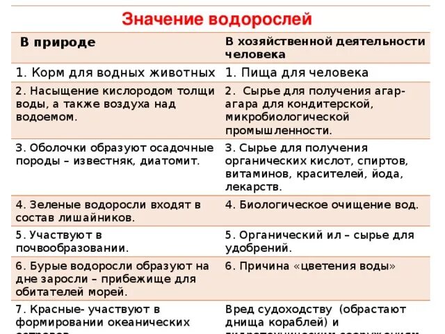 Таблица значений водорослей. Роль водорослей в природе 5 класс биология. Значение водорослей в природе и жизни человека 5 класс биология. Водоросли в природе и жизни человека таблица. Роль водорослей в природе 5 класс.