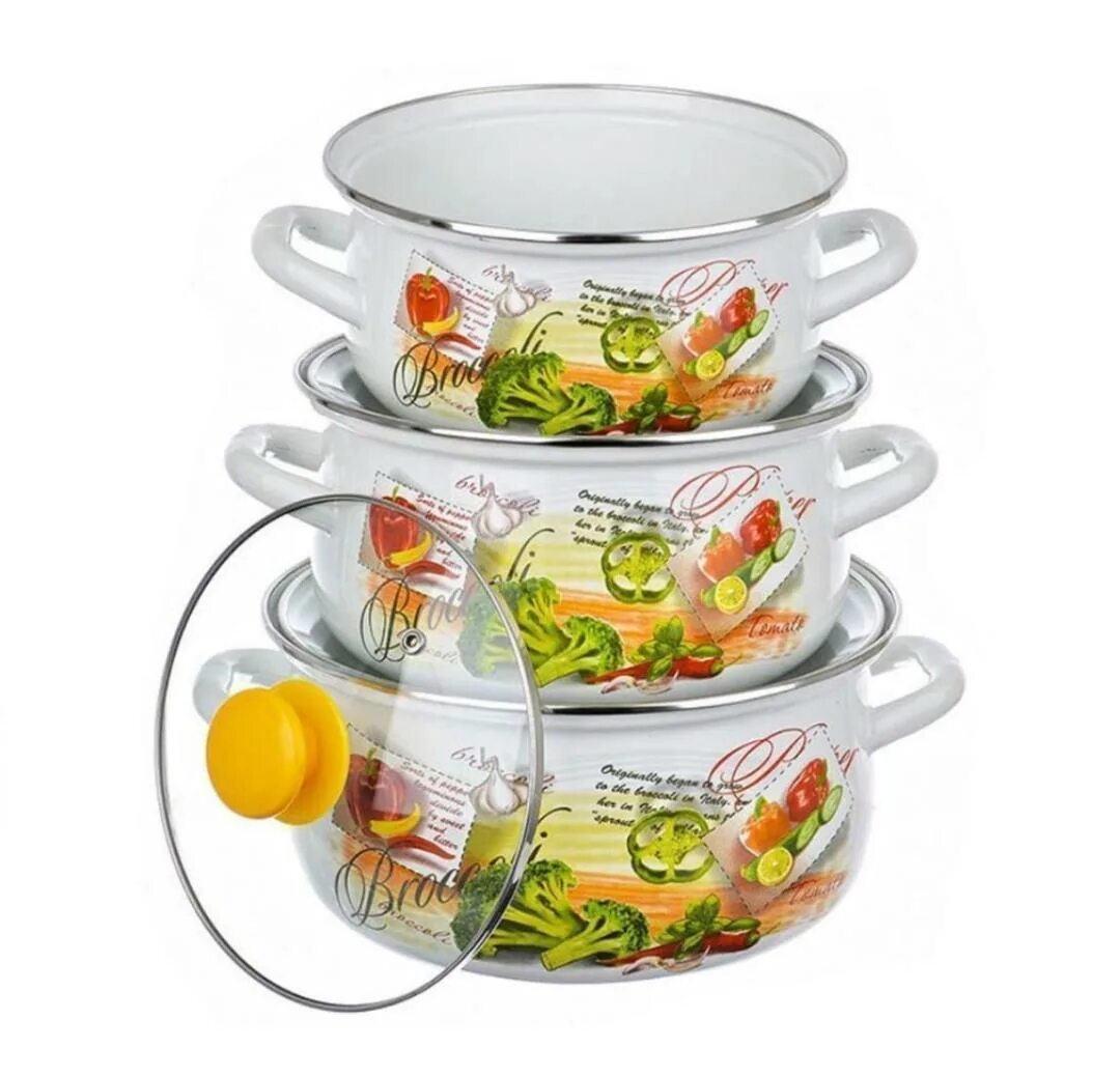 2л+3л+4л)(бел. Набор кастрюль стальэмаль 1с408 6 пр. Набор кастрюль 3пр(2л;3л;4л) [золотые завитки]. Набор кмк "подсолнечный-экстра" (кастрюли сфер. 3 4л.