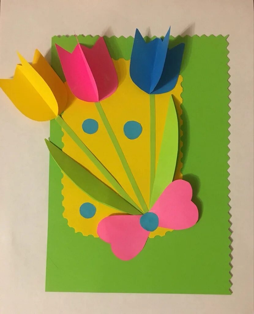 аппликация тюльпаны. объемные тюльпаны из бумаги. тюльпан поделка для детей. аппликация тюльпаны. открытка с тюльпанами своими руками.