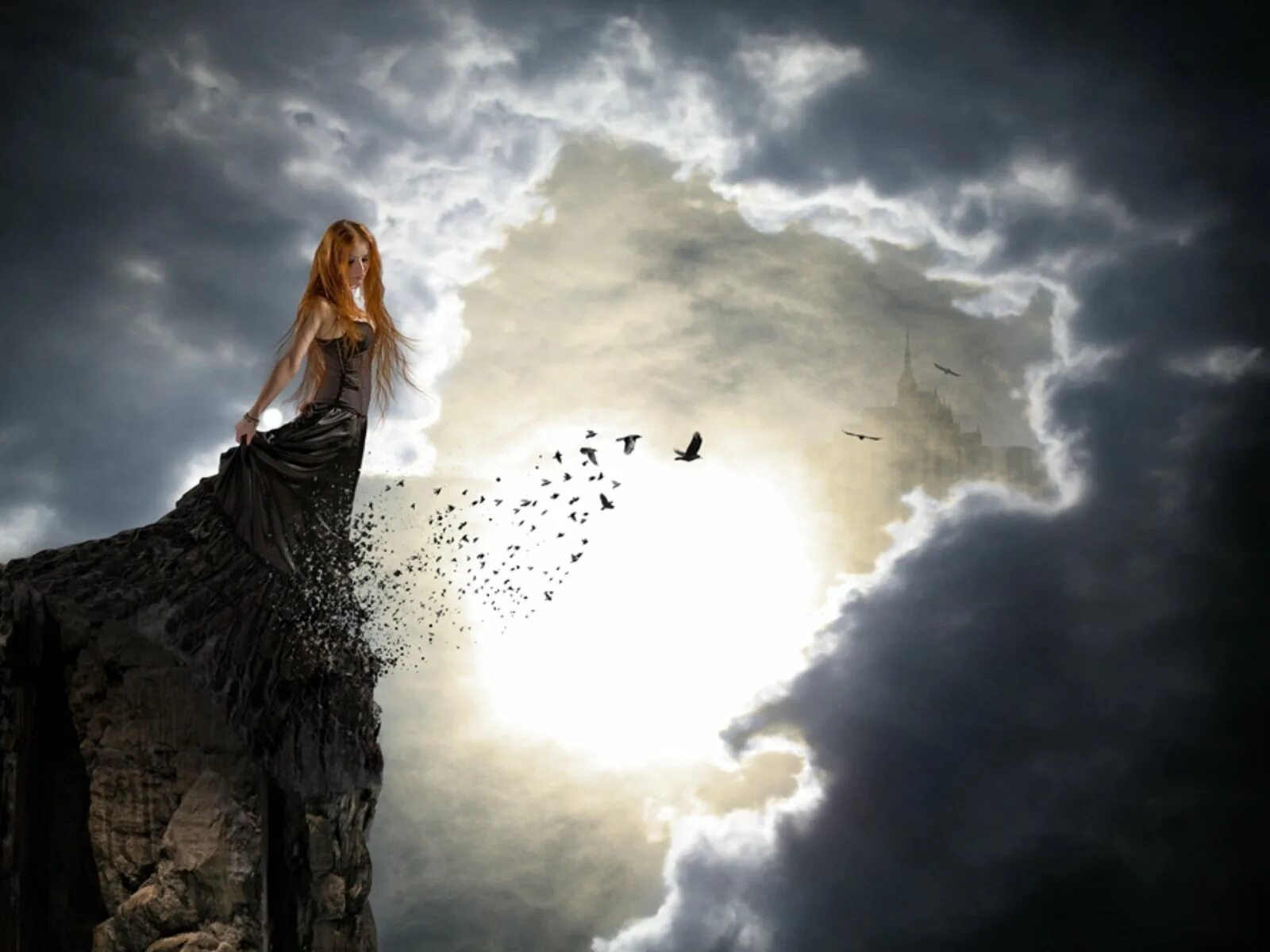 Прыжок в пропасть. Девушка в белом платье. Девушка на обрыве. Полет души. Девушка прыгает в пропасть.