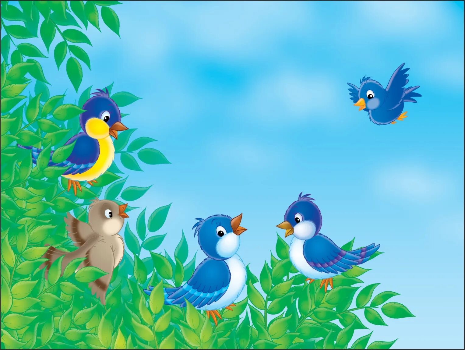 Сколько птиц сидит на дереве. Полянка с птичками. Пять птичек на ветке. Весенняя Полянка с птичками. Птичка для детей сидит на ветке.