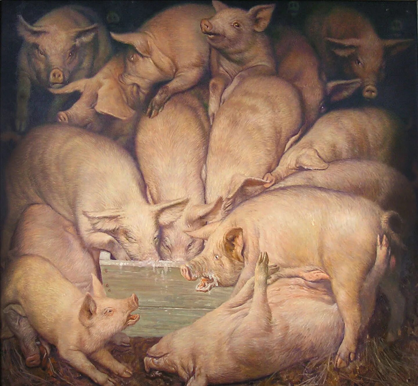 Поросята едят человека. Свинья живопись. Свинья с поросятами. Свиноматка с поросятами.