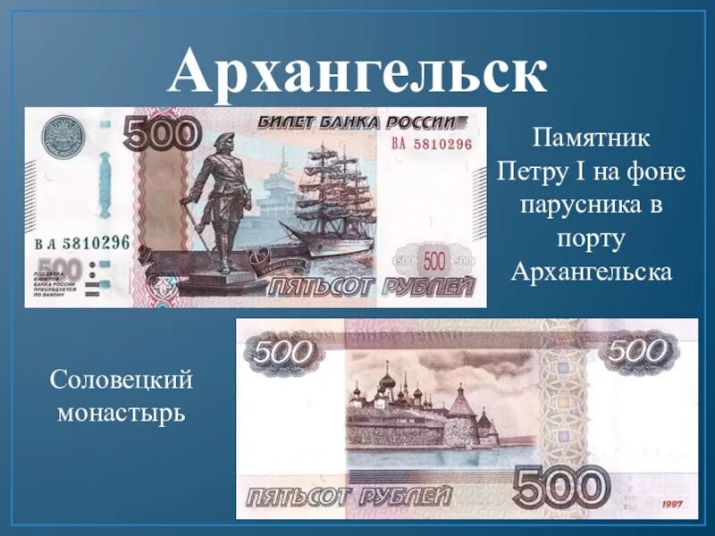 Какой город на 500 рублей. Города на купюрах России. Архангельск купюра. Что изо ражено на купюра. Города на денежных купюрах России.