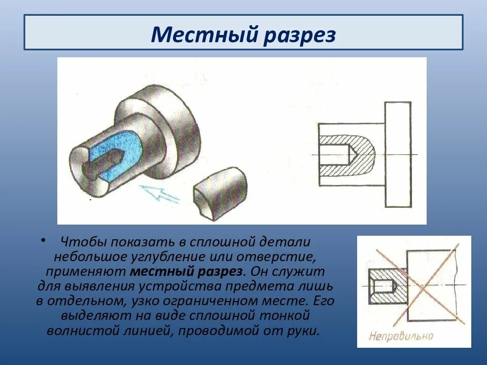 Местный разрез выделяется на виде. Местный разрез. местный разрез на чертеже. что такое местный разрез в черчении. местный разрез детали.