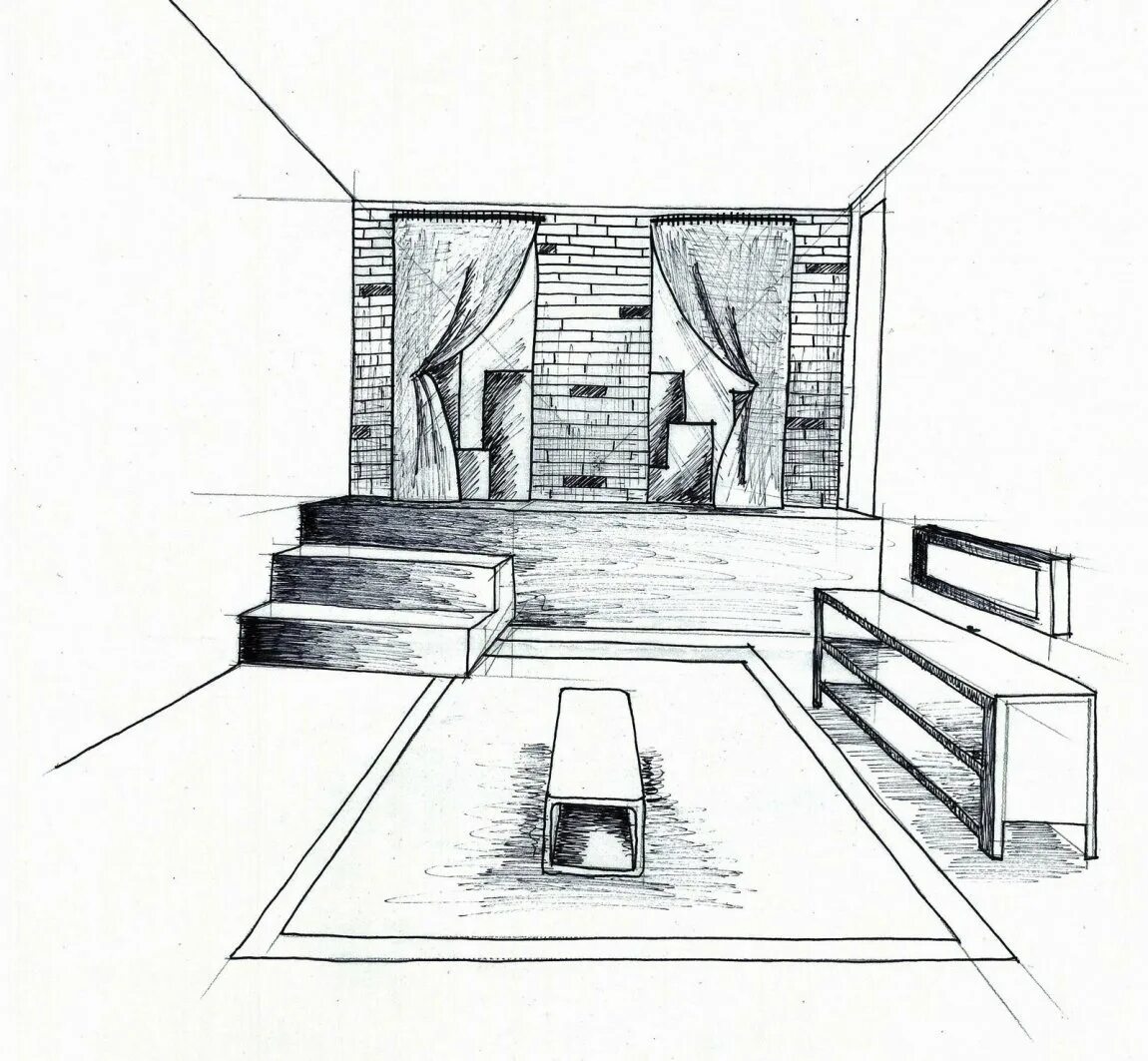 Интерьер здания рисунок 7 класс. Линейная перспектива фронтальная скейч интерьер. Скетч интерьера фронтальная перспектива. "Интерьер1. Линейная перспектива". Перспектива интерьера комнаты черчение.