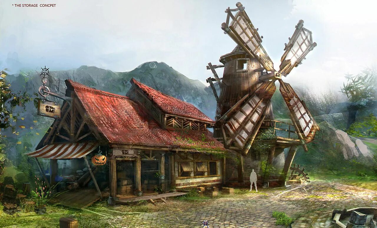 Concept art fantasy. Фэнтези мельница референс. concept art мельница. деревня мельница фэнтези. средневековая мельница.