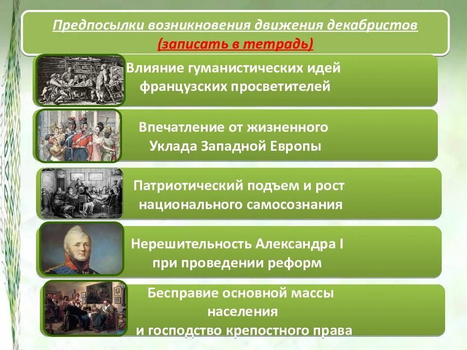 Возникновение общественных движений. Предпосылки возникновения движения Декабристов. Предпосылки общественного движения при Александре 1. Причины появления Декабристов при Александре 1.