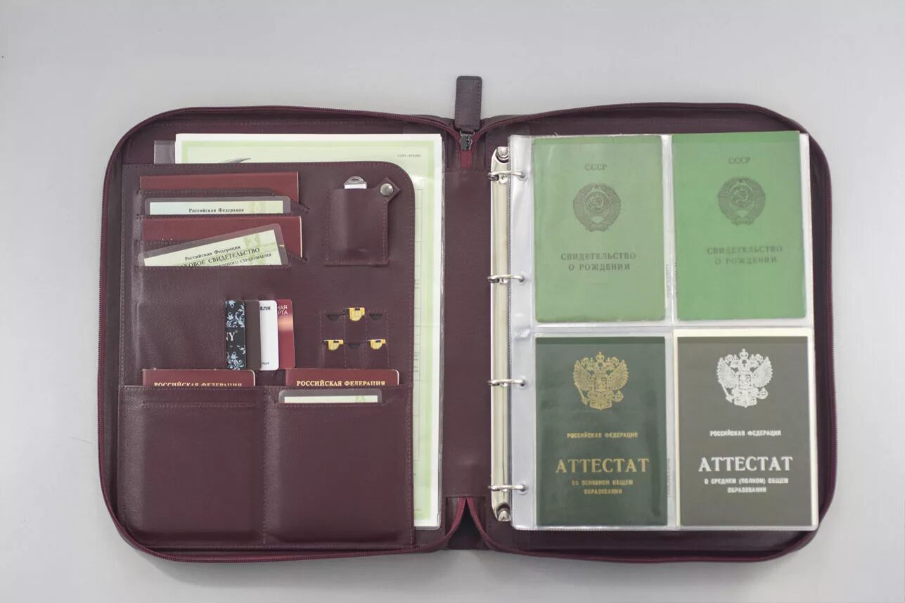 кожаная папка для хранения семейных документов. органайзер для документов. органайзер для семейных документов на кольцах. органайзер для документов на молнии. книжка для детских документов.