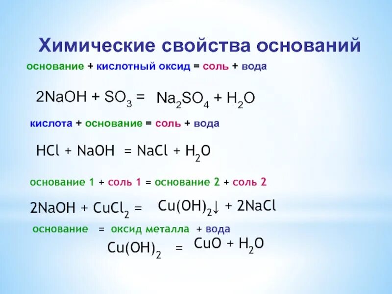 Химические свойства кислотных оксидов so2. Оксид плюс основание равно соль вода. Кислотный оксид плюс основание. Основание соль уравнение химических реакций.