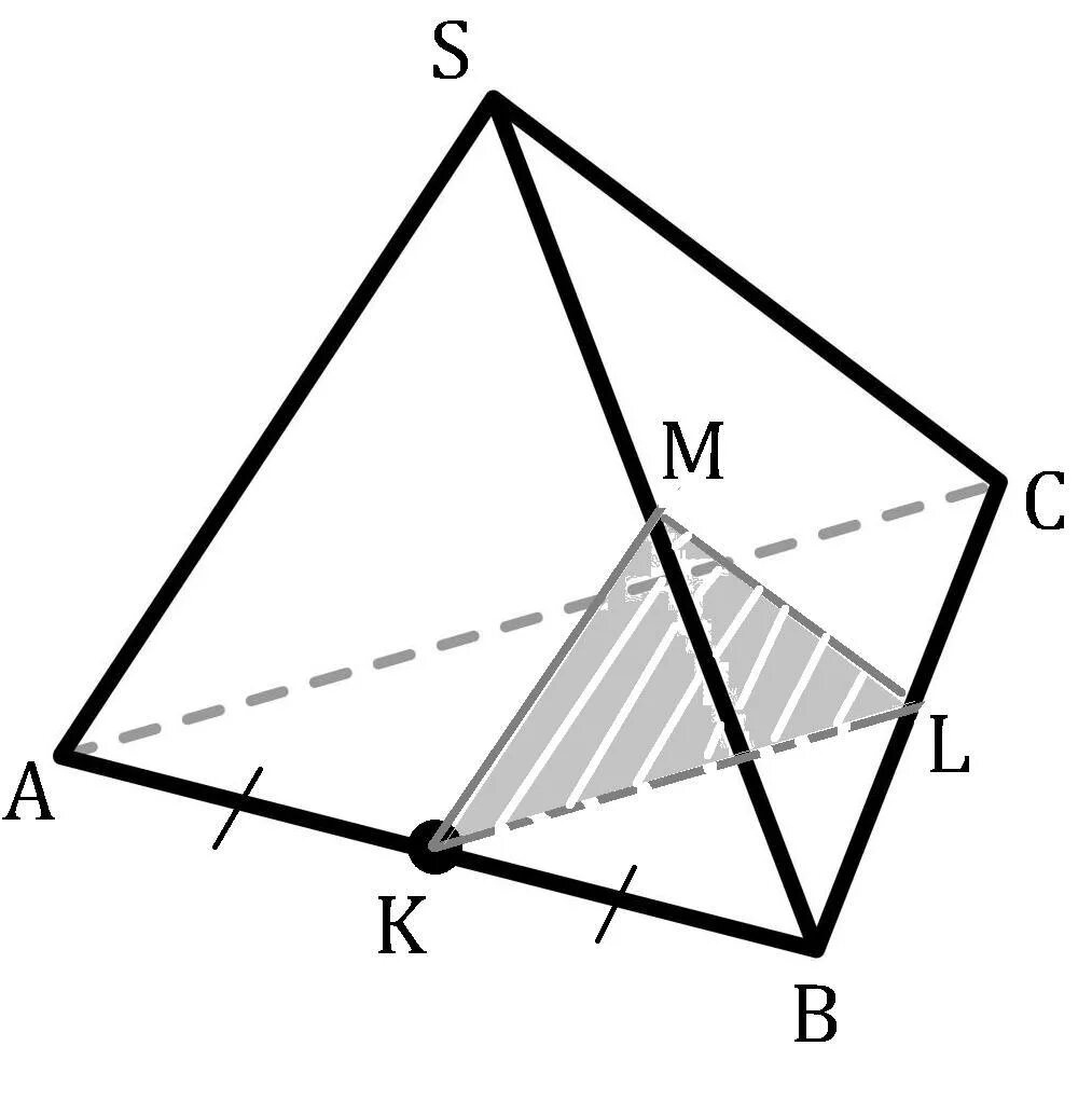 Сечение правильной треугольной пирамиды. В правильной треугольной пирамиде SABC точка k середина ребра. Сечение трехгранной пирамиды. Сесенре треугольной пирамиды. Сечением пирамиды sabc является
