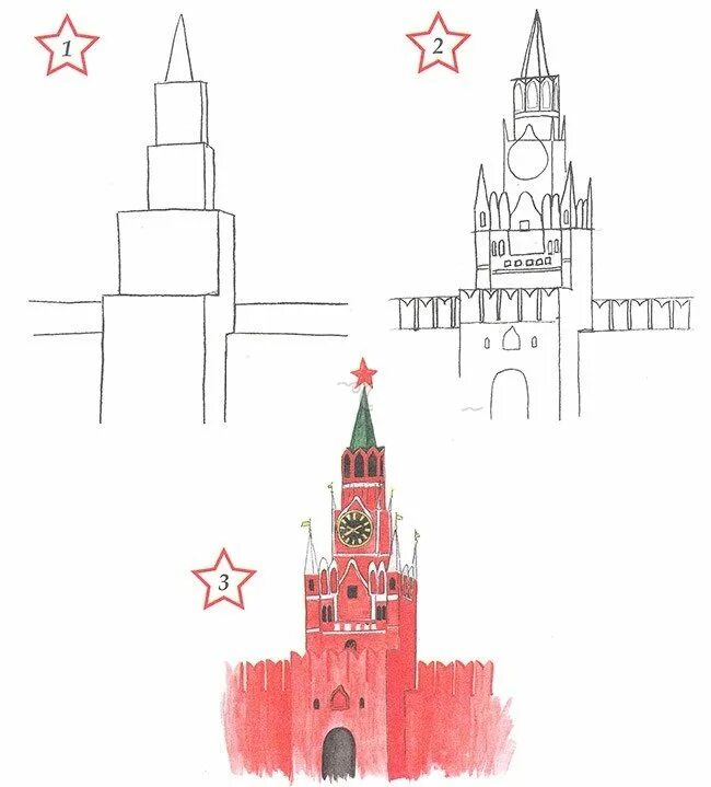 Спасская башня Кремля рисование. Спасская башня Кремля поэтапное рисование. Рисование Спасская башня Кремля пошагово. Рисование “Спасская башня Кремля” т.с.Комарова.