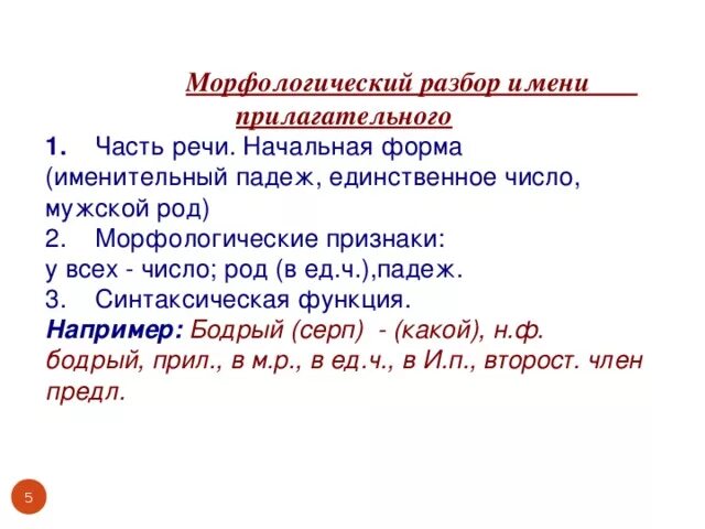 Разбор прилагательного как части речи 5 класс