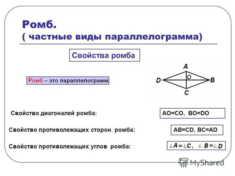 Ромб свойства площадь. Ромб свойства и признаки. Свойства диагоналей ромба. Характеристическое свойство ромба. Ромб определение свойства признаки.