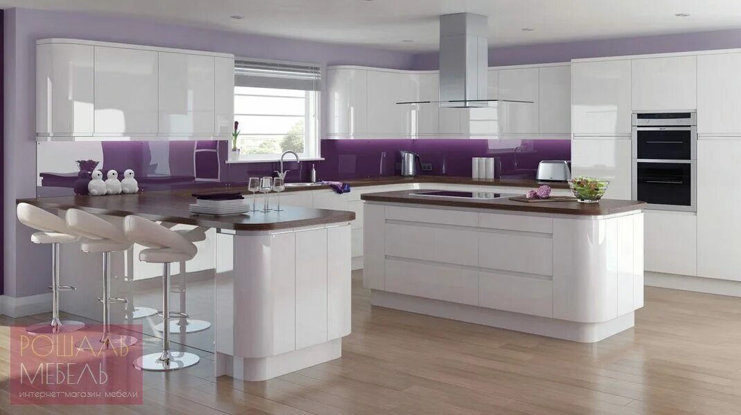 Глянцевая поверхность кухни. Фиолетовая кухня. Кухни в стиле Модерн. Фиолетовая кухня в интерьере. Глянцевые кухни.