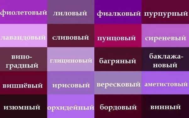 Какие люди любят фиолетовый. Название фиолетовых цветов и оттенков. фиолетовые цвета названия. сиреневый и фиолетовый цвет. оттенки сиреневого и фиолетового с названиями.