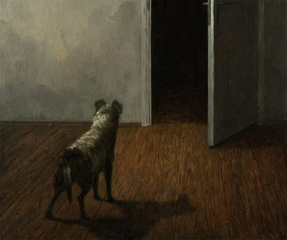 За дверью тревожно залаяла собака текст. Драган Бибин ужас. Драган Бибин картина с собакой. Картины сербского художника Драгана Бибина. Тревожные картины.
