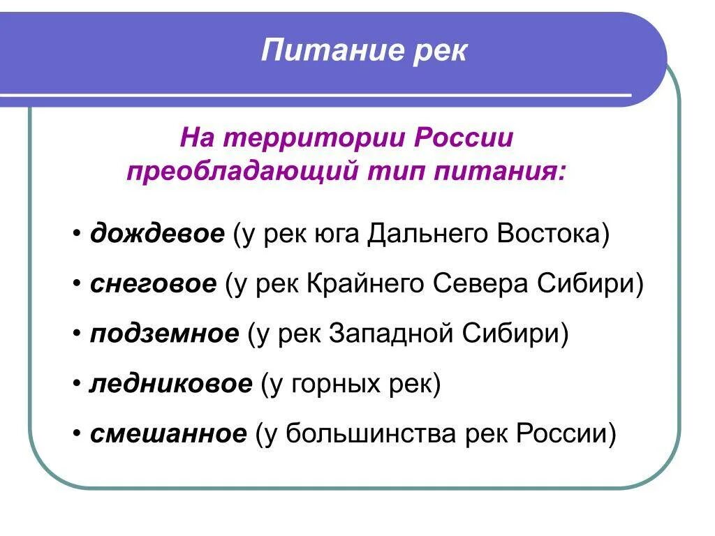 Тип питания большинства рек. Типы питания рек. классификация рек по типу питания. виды питания рек россии. питание рек примеры.