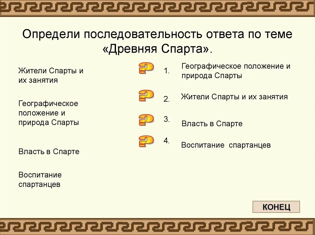 Тесты по истории 5 класс древняя спарта. Климат древней Спарты. Положение и занятия спартанцев. Ответ на последовательность. Вопросы с ответами на тему древняя Спарта.