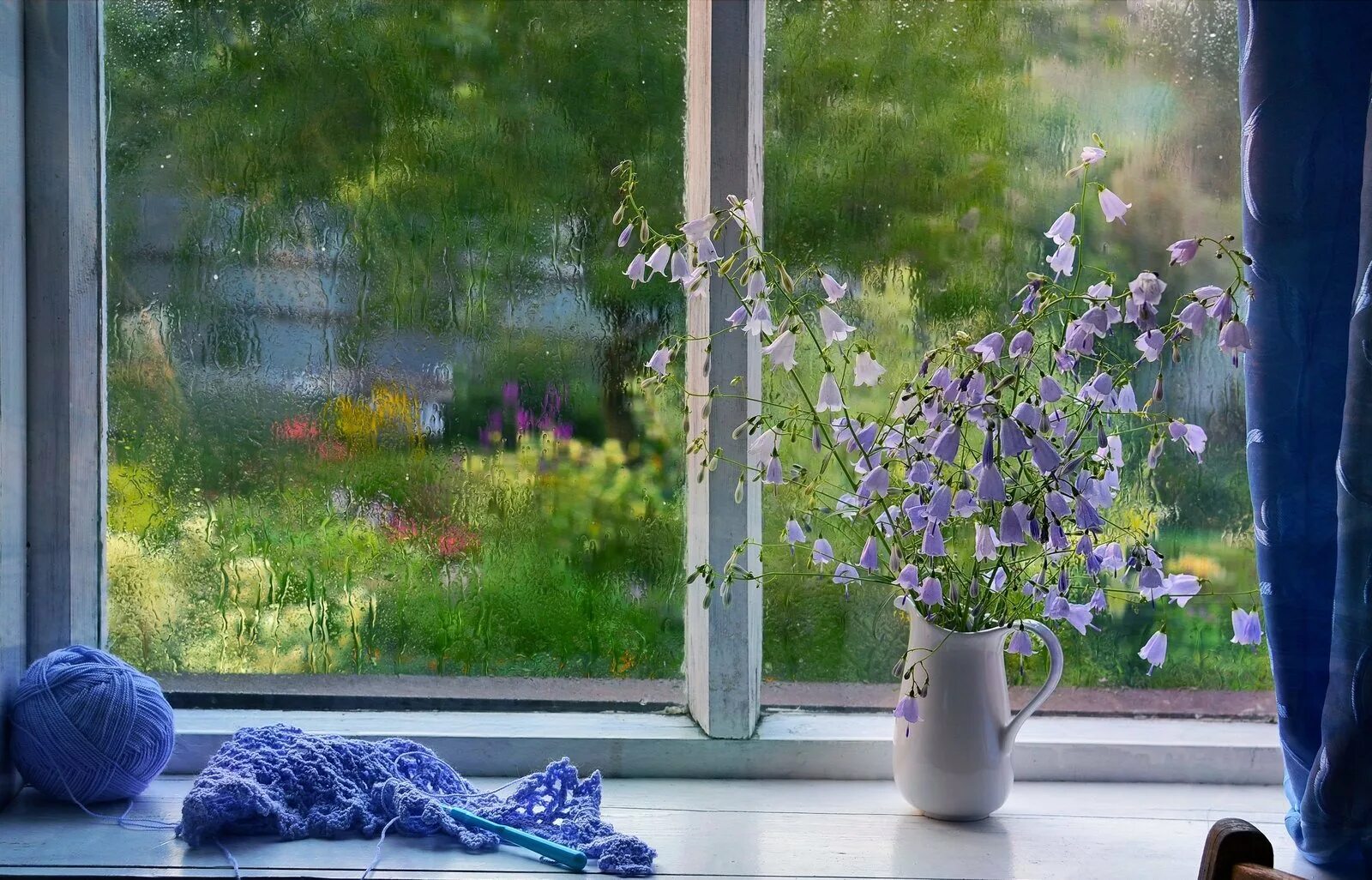 Доброе дождливое утро весны. Цветы на окне. Весенний вид из окна.