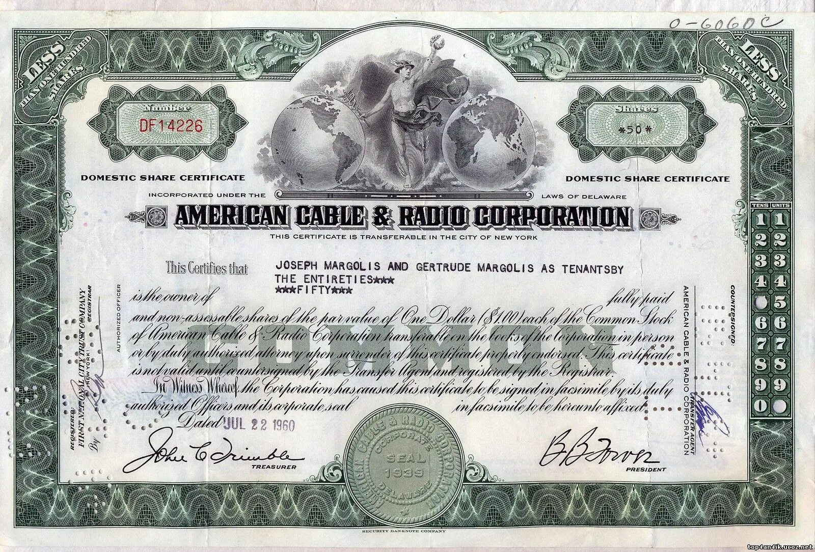 Ценная бумага 7. Share Certificate. Radio Corporation of America) акции. Certificate Delaware LLC.