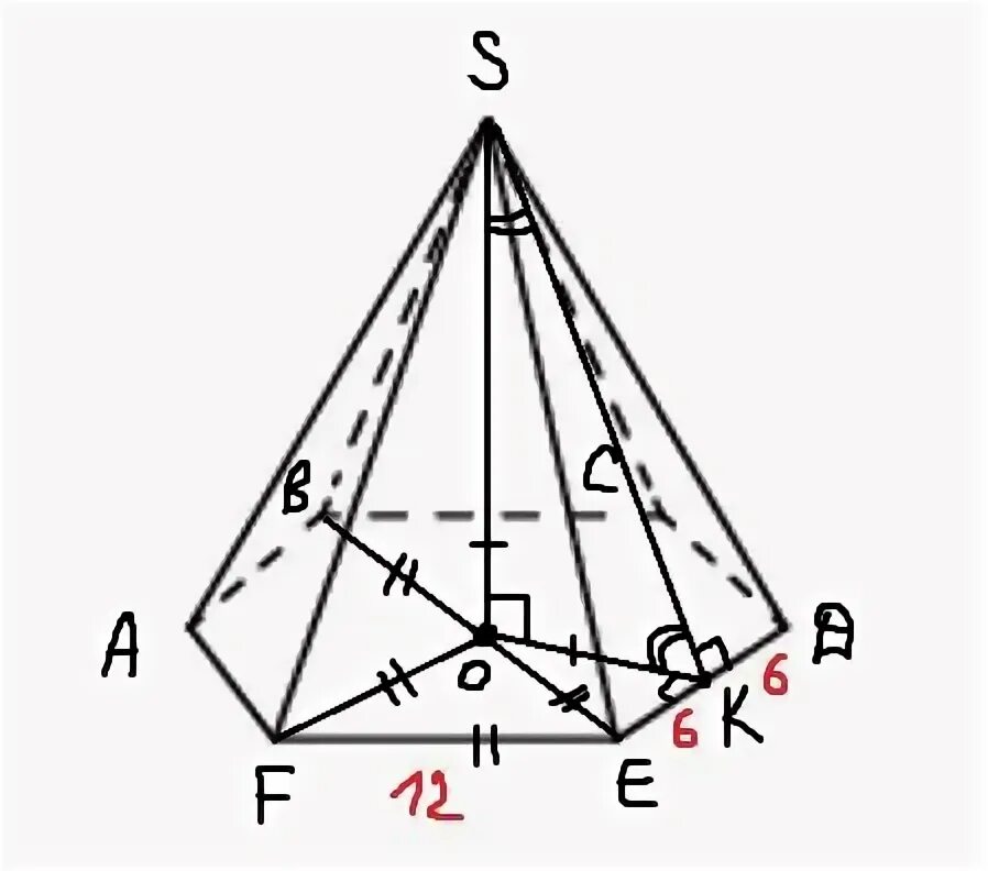 Сторона правильной шестиугольной пирамиды равна 12