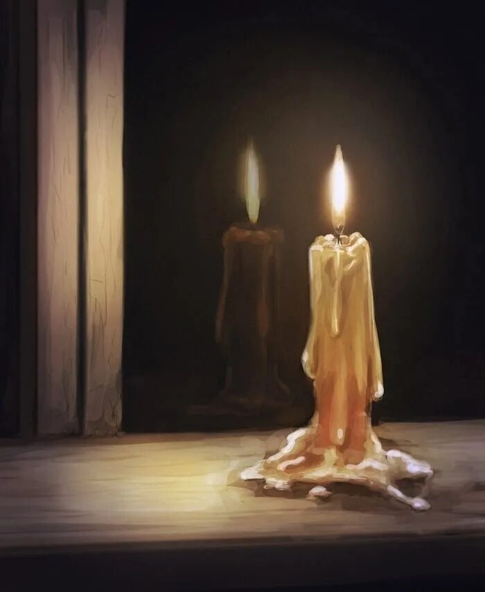 На столе стоит свеча которая отражается. Горящая свеча. Горящие свечи. Свеча в живописи. Картина " свеча ".