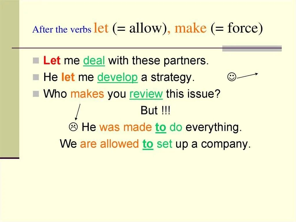 Let to do or doing. Глагол allowed в английском языке. let make правило. let be allowed to правило. глаголы после let.