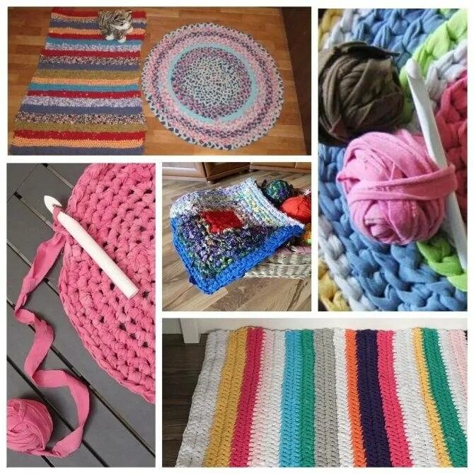 Коврики из ветоши. Коврик из футболок. Вязаные коврики. Круглые плетеные коврики. Коврик из трикотажной пряжи.