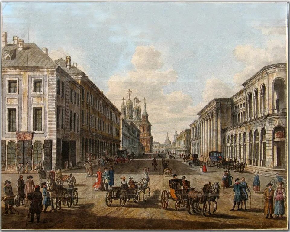 История 1800 годов. Тверская улица в Москве. Гравюра ф.я. Алексеева (1800-е гг.).. Ильинка в Москве XVIII века. Гостиный двор Москва 19 век. Московская улица 18 века.