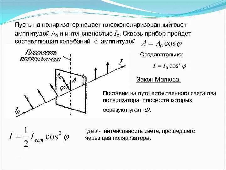 Интенсивность через поляризатор. Закон малюса для естественного и плоскополяризованного света. плоскополяризованный свет. закон малюса.. поляризация света поляризатор и анализатор. закон малюса. закон брюстера..