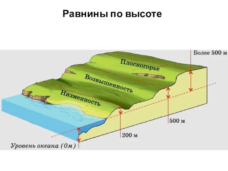 Классификация равнин по высоте. Различие равнин по высоте. Низменности возвышенности Плоскогорья. Высота равнин.