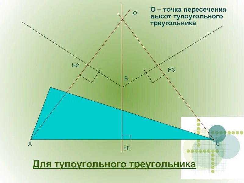 Где точка пересечения высот. Высота тупоугольного треугольника. Высота треугольника в тупоугольном треугольнике. Высота тупого треугольника. Точка пересечения высот в тупоугольном треугольнике.
