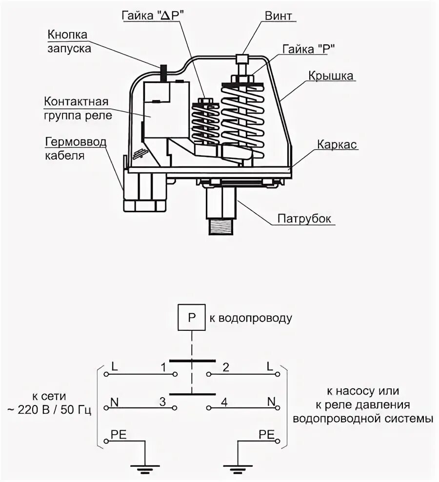 Подключение реле насоса воды. Схема подключения реле включения насоса. Схема подключения реле защиты от сухого хода и реле давления. Схема соединения датчика давления водяным насосом. Схема подключения реле давления насосной станции электрическая.